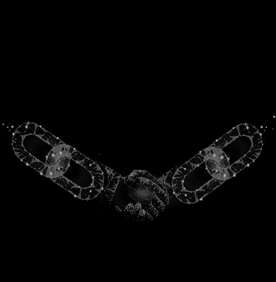 Two digital chains joined in a handshake