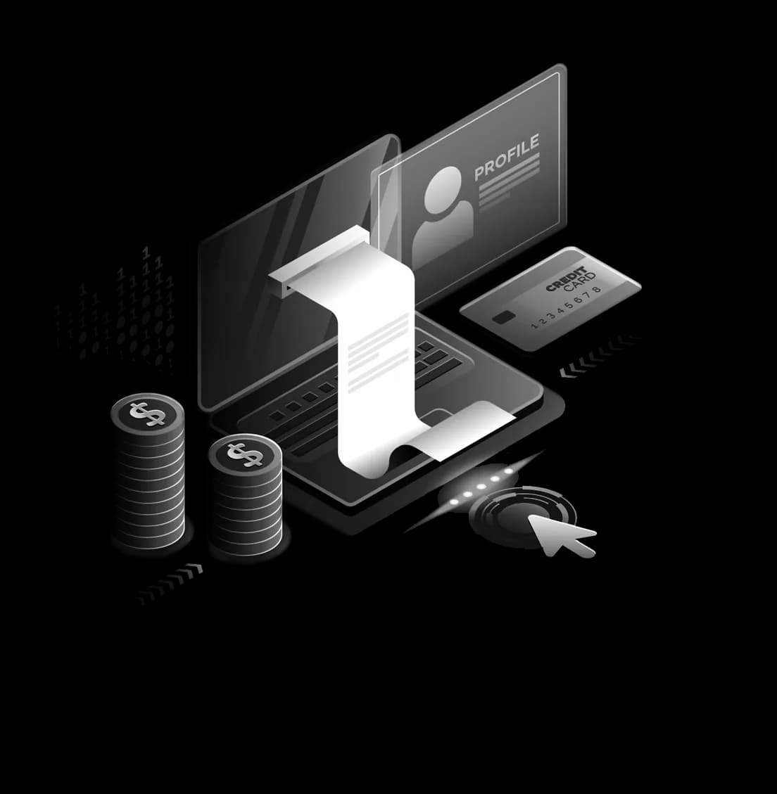 Isometric laptop issuing a fund receipt beside stacked coins