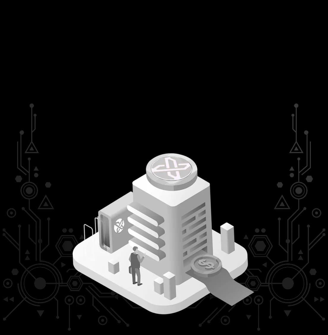 Isometric GX building crowned with the GXT coin