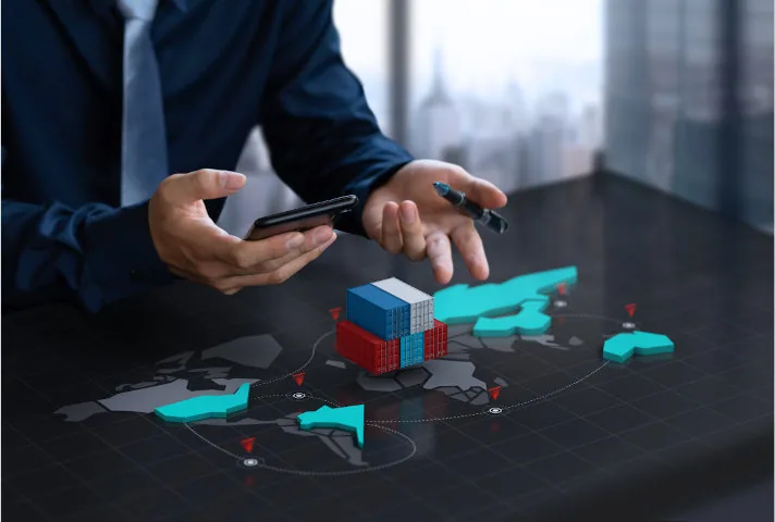 Businessman over a holographic map of global trade